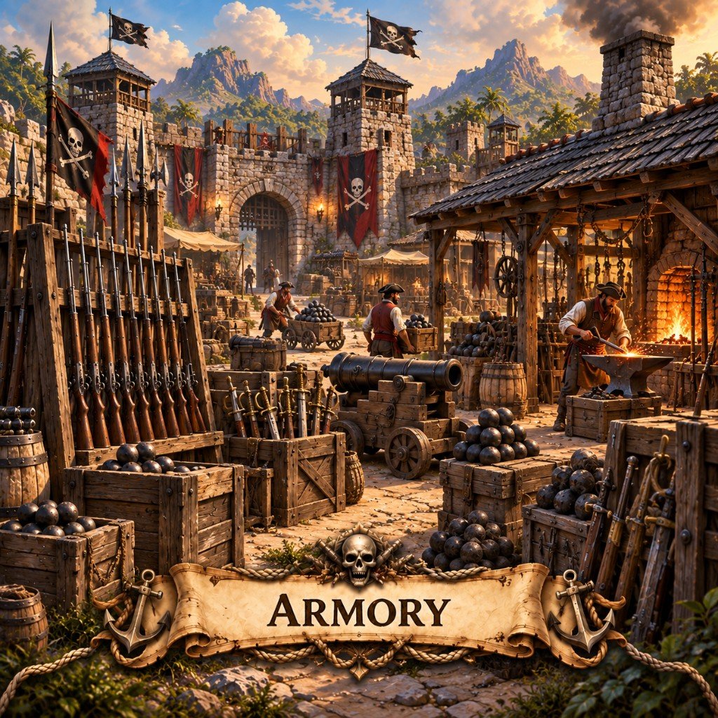 Armory building art for Marauder's Sea: a fortress courtyard of muskets, cutlasses, and a forge