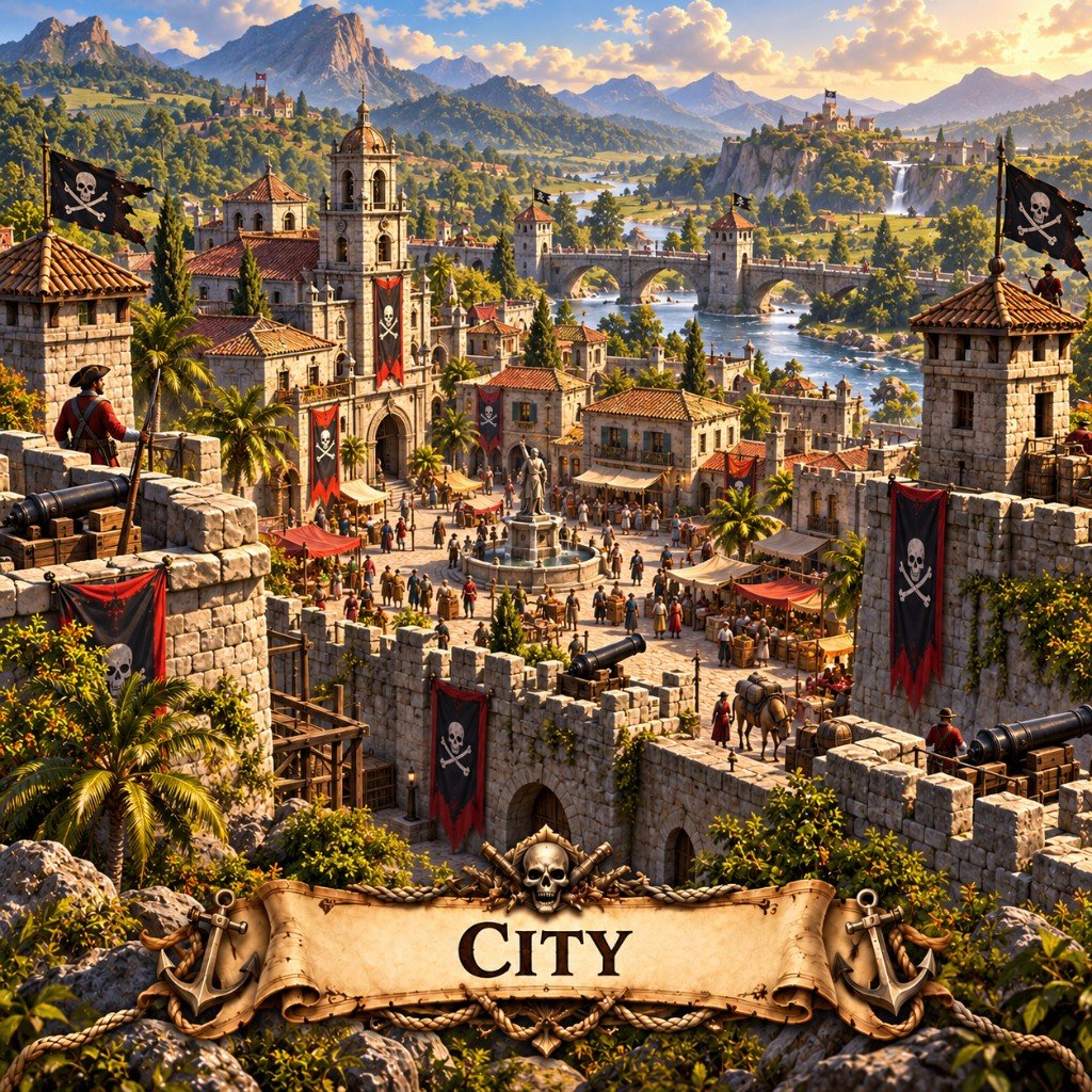 City building art for Marauder's Sea: a fortified pirate town with a market square