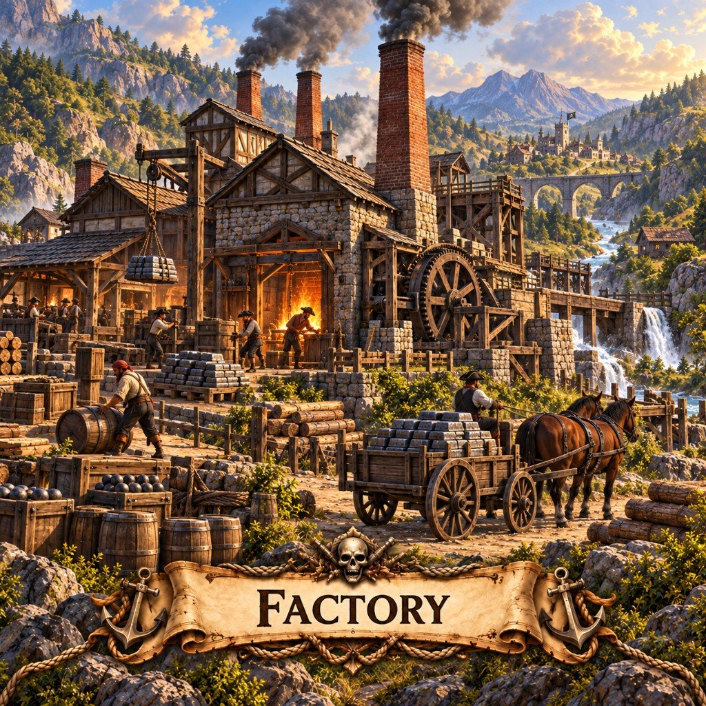 Factory building art for Marauder's Sea: a water-powered foundry in a mountain valley