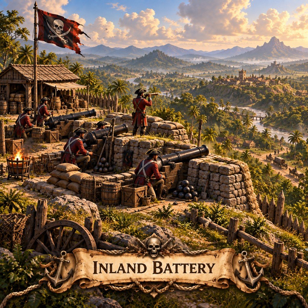 Inland Battery art for Marauder's Sea: hilltop cannons overlooking a valley