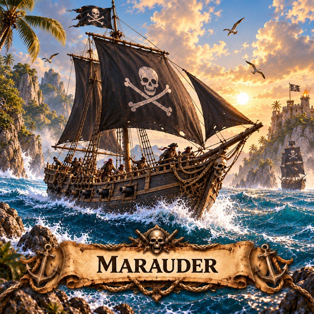 Marauder art for Marauder's Sea: a faster black-sailed raider with a skull prow