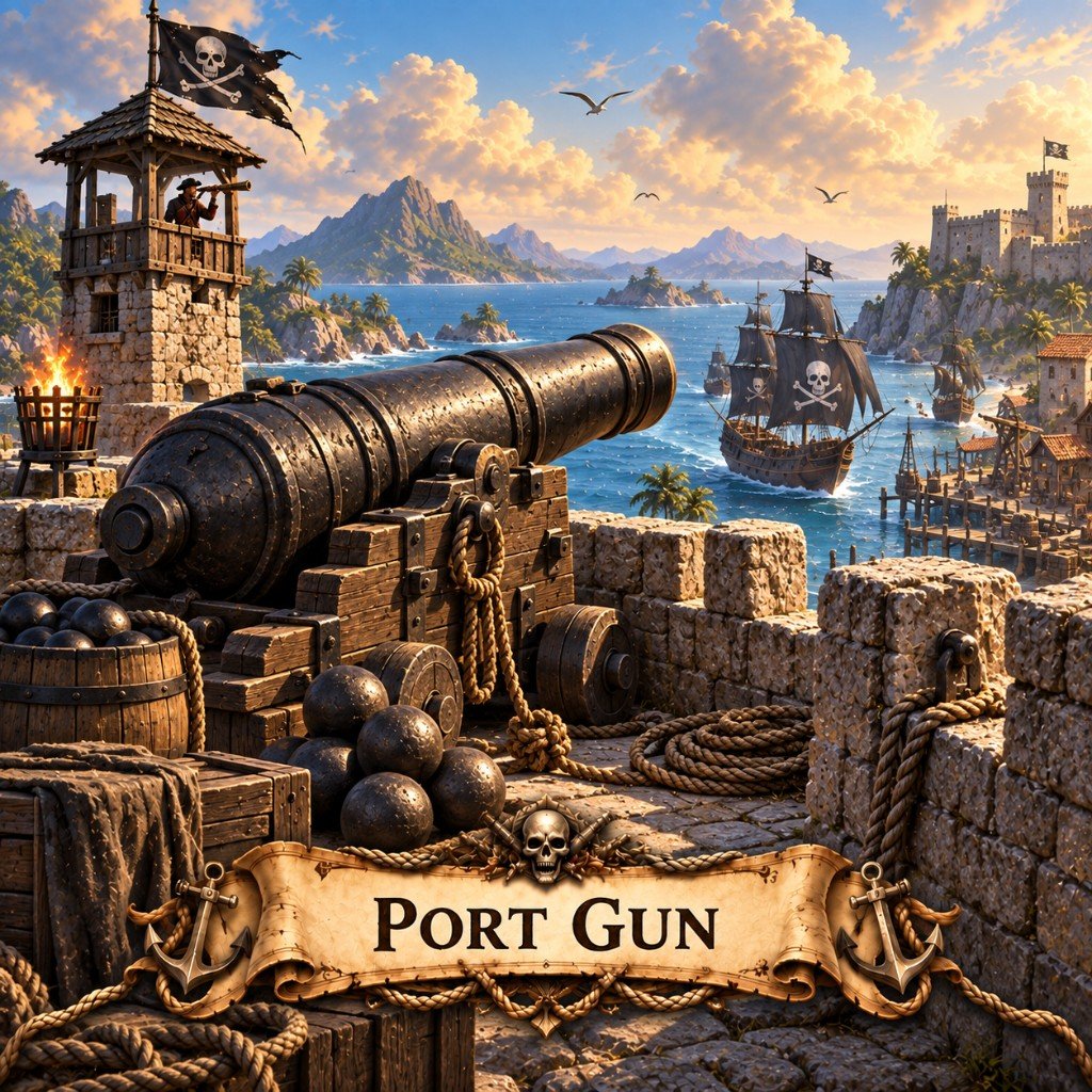 Port Gun art for Marauder's Sea: a coastal cannon on stone battlements