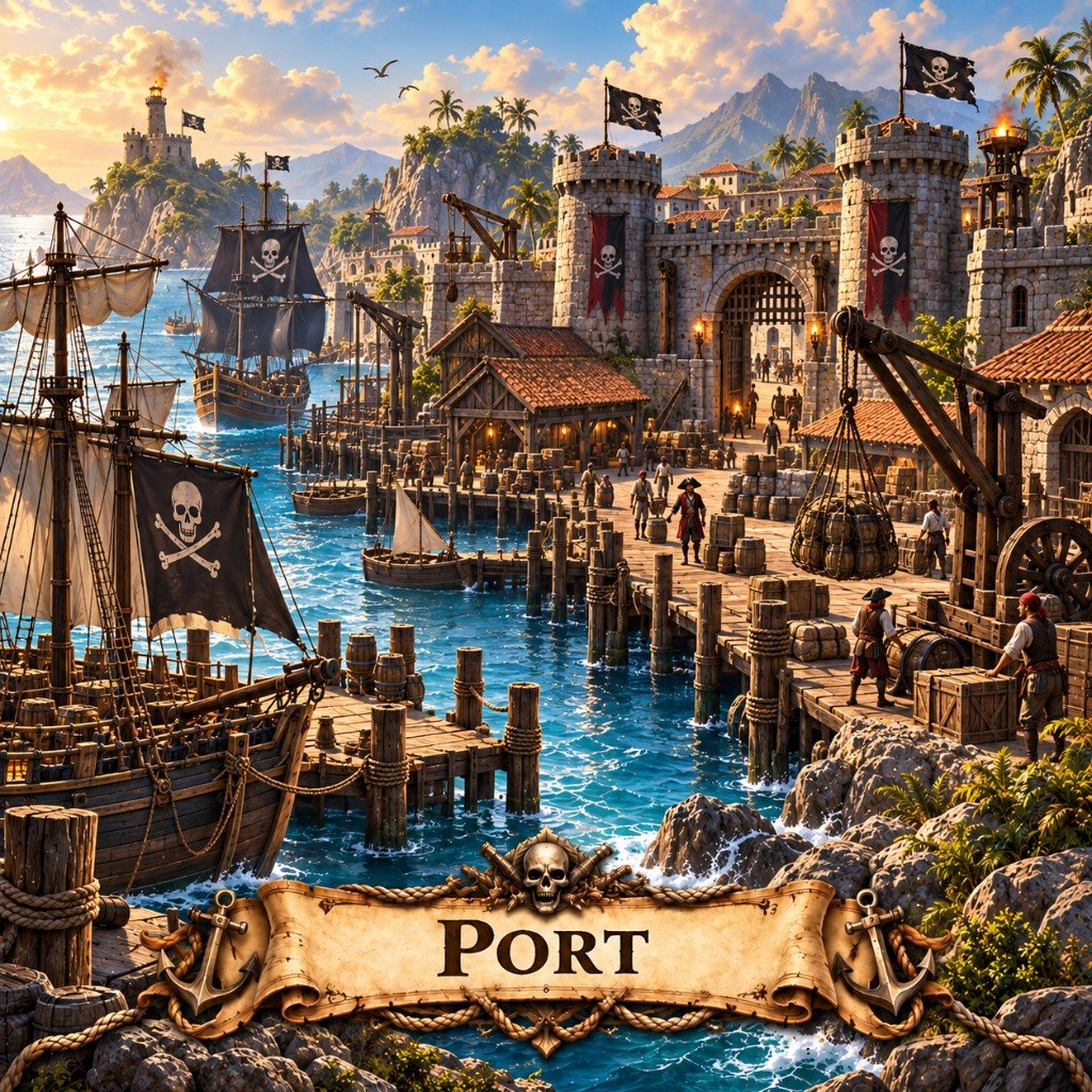 Port building art for Marauder's Sea: a pirate harbor with docks, cranes, and a galleon