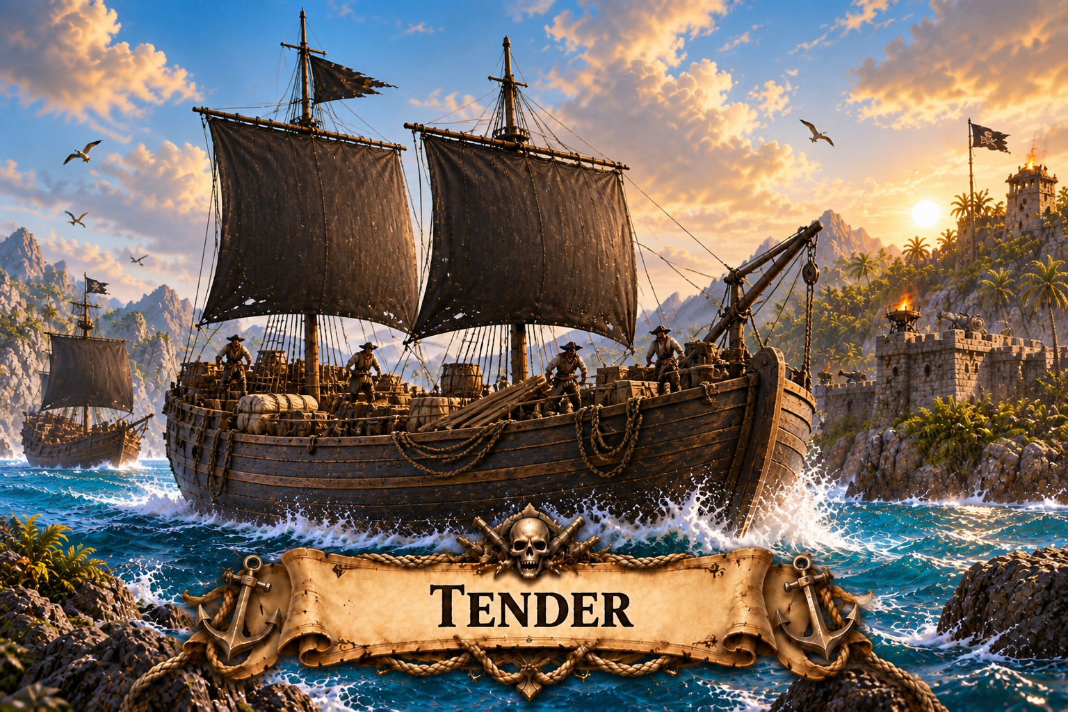 Tender ship art for Marauder's Sea: a thick two-masted hull with black sails and no cannons