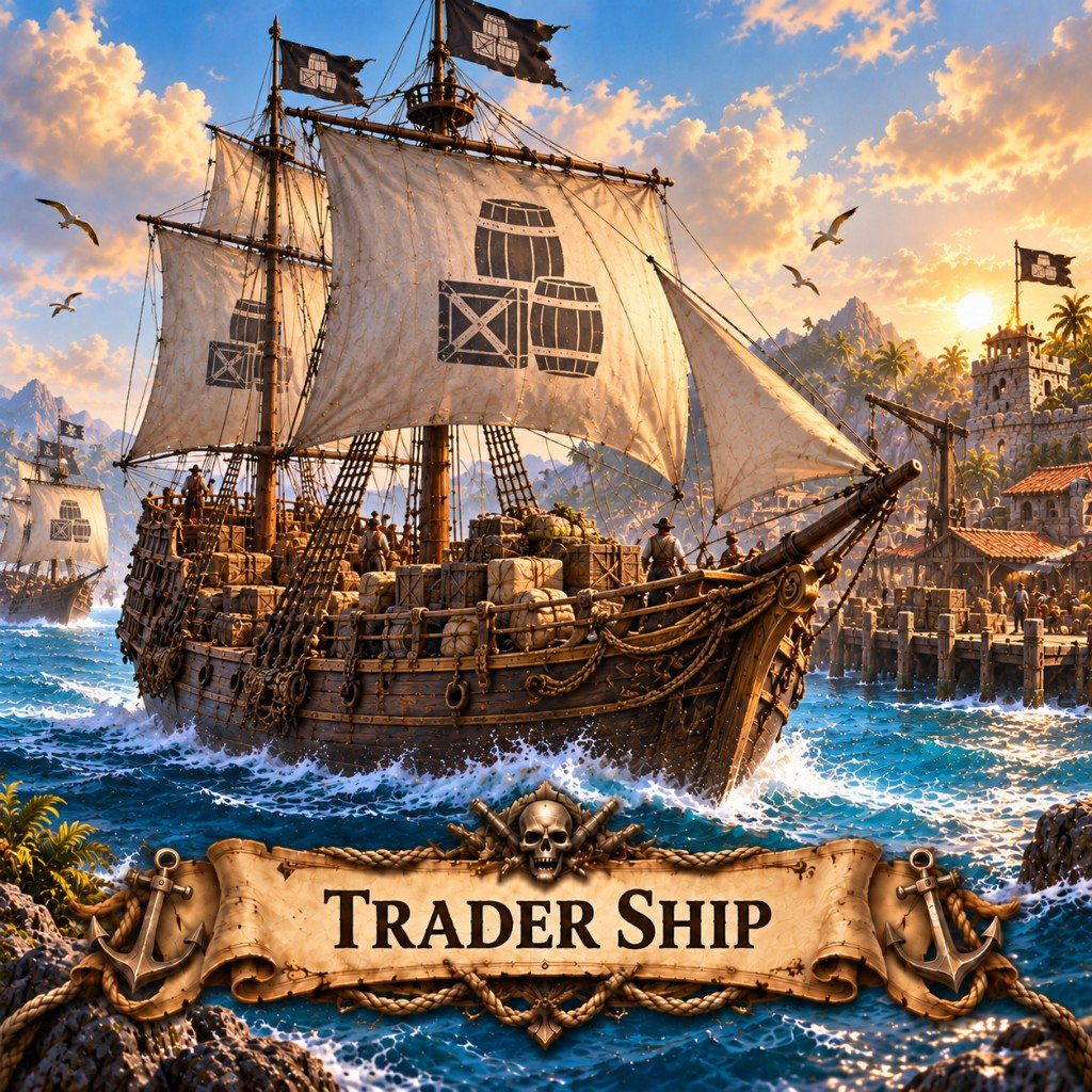 Trader Ship art for Marauder's Sea: a merchant hull with barrel-and-crate sails