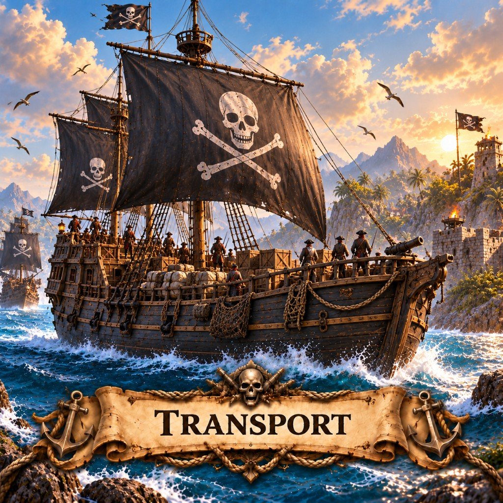 Transport ship art for Marauder's Sea: a cargo-packed troop ship with Jolly Roger sails
