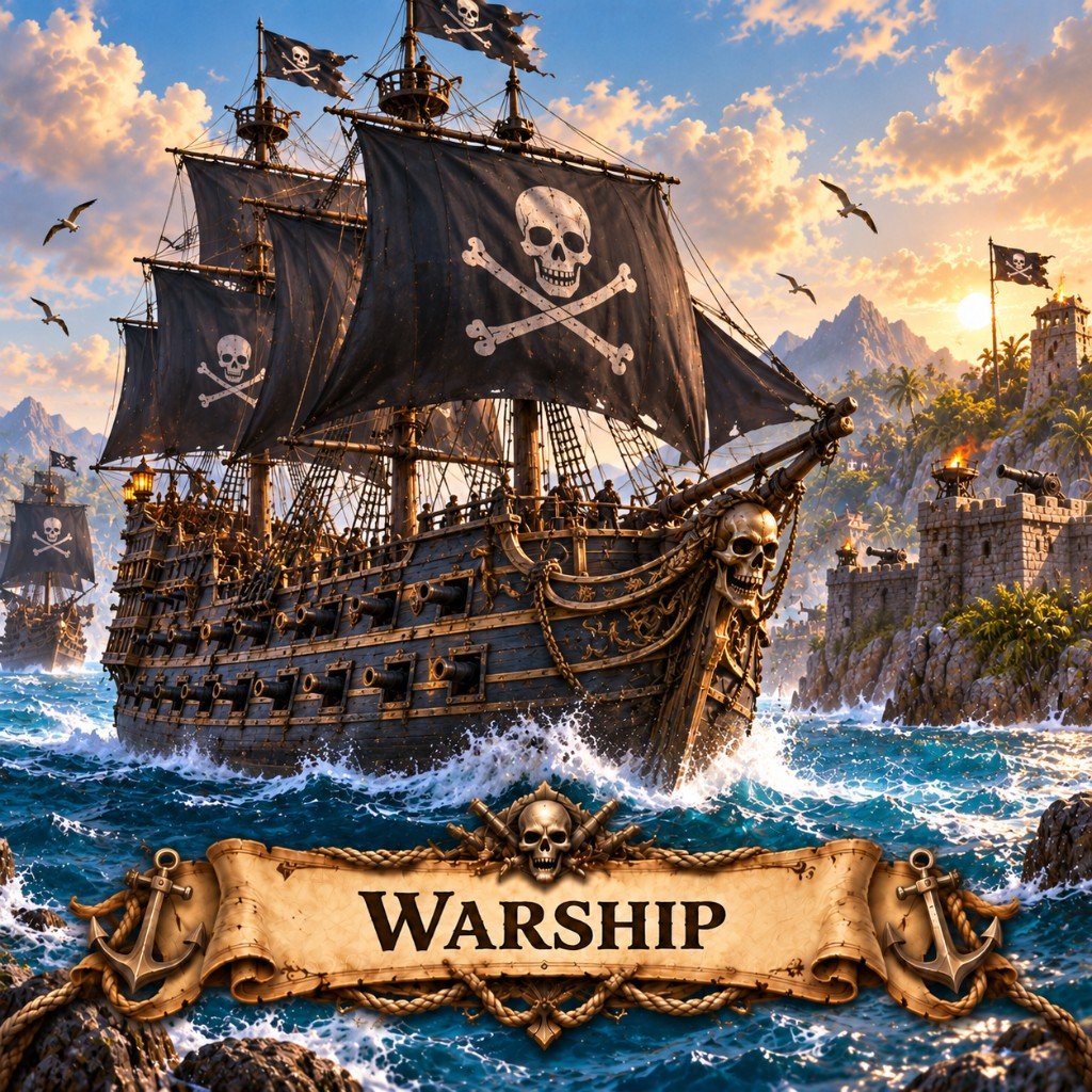 Warship art for Marauder's Sea: a black-sailed galleon with a skull figurehead