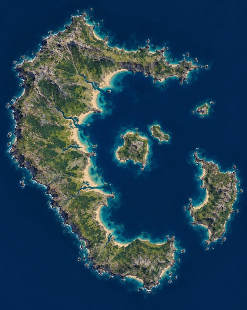 Caldera Island map in Marauder's Sea: a crescent landmass around a central bay with river deltas