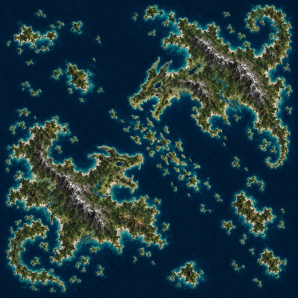 Dragon's Fall Island map in Marauder's Sea: two mirrored dragon-shaped landmasses and a trail of islets