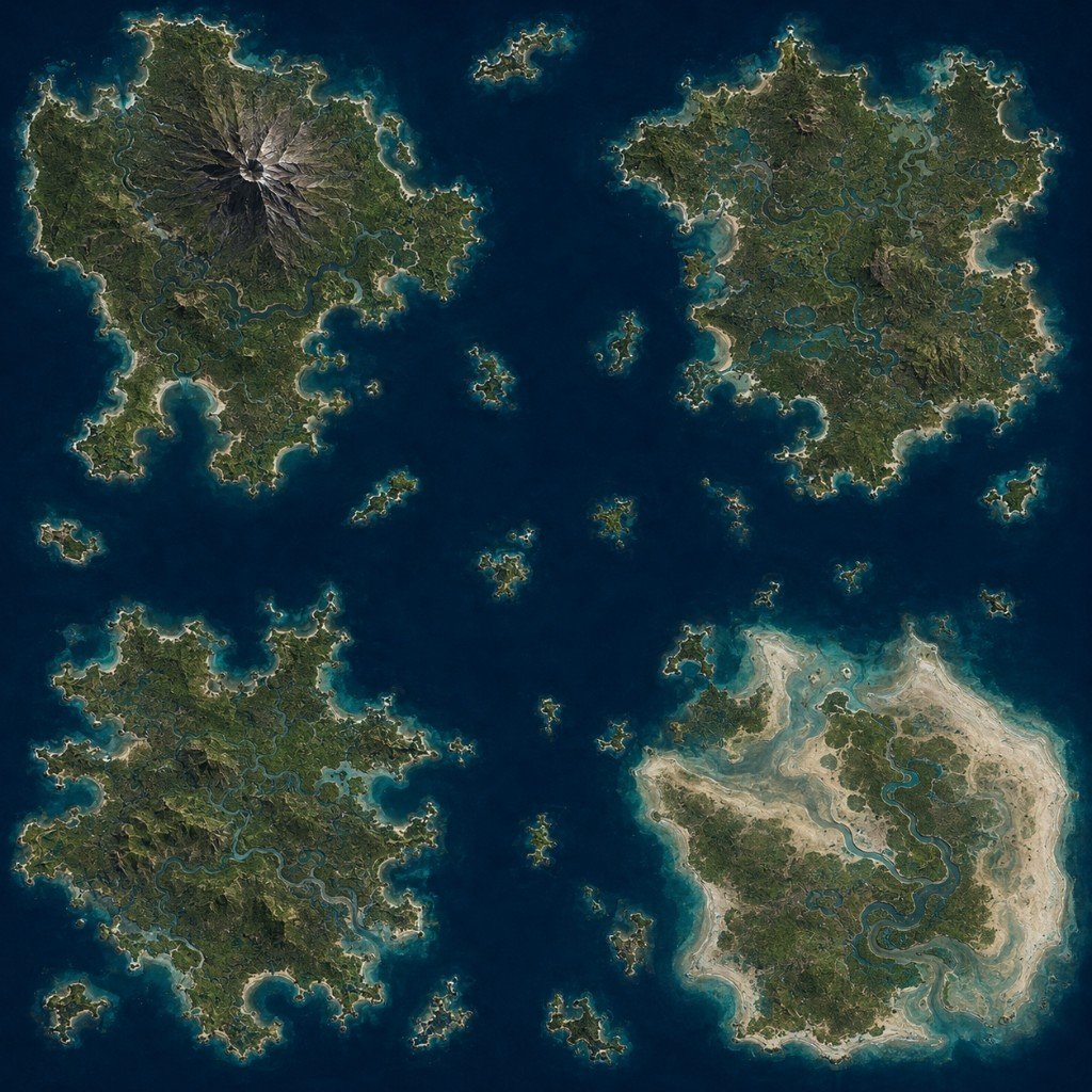 The Ember Isles map in Marauder's Sea: four large corner islands around a central X of water and islets