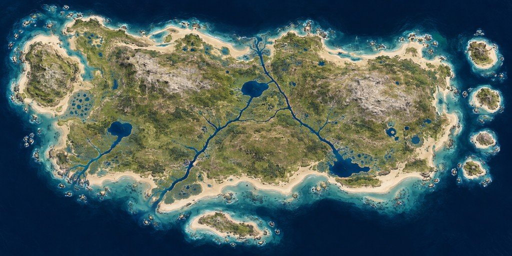 Foot Island map in Marauder's Sea: an elongated tropical island with a central lake and radiating rivers