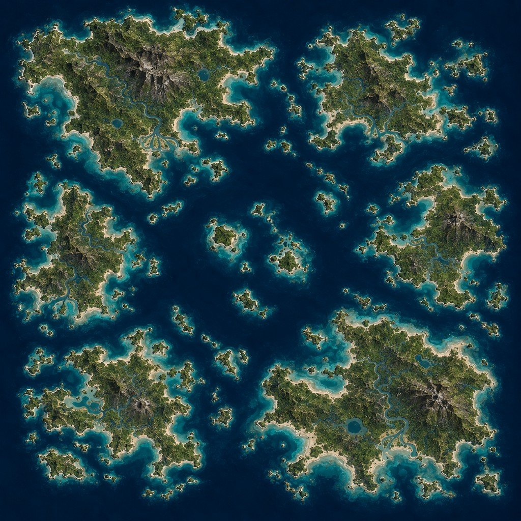 The Hexacephalic Archipelago map in Marauder's Sea: six major islands around a central sea