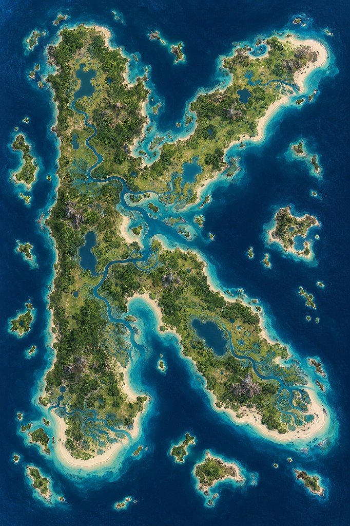 K Island map in Marauder's Sea: a tropical landmass shaped like the letter K