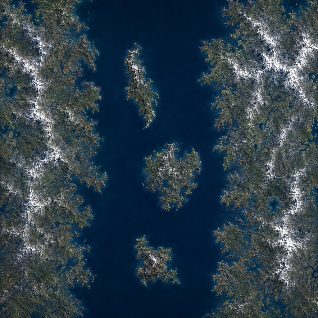 Tarryn Fjords map in Marauder's Sea: snow peaks, two flanking continents, and a three-island gauntlet