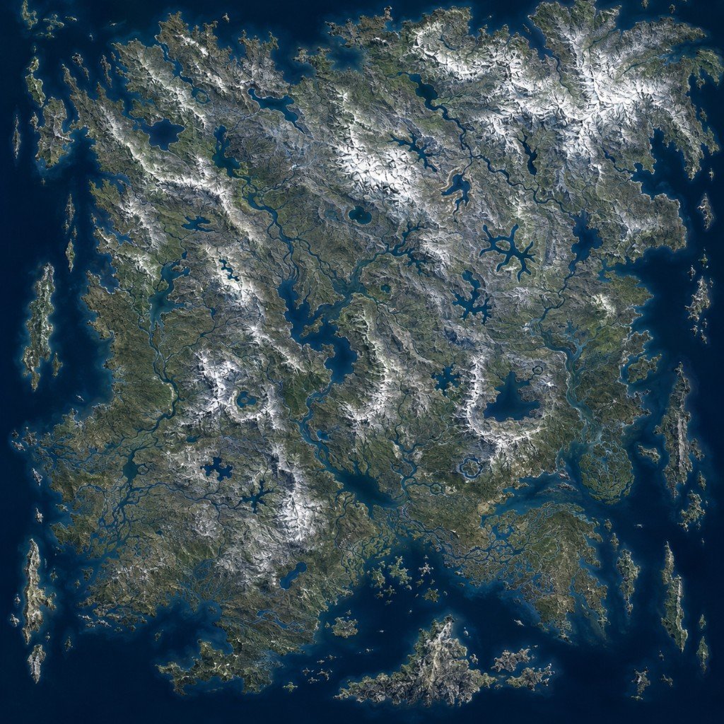 Vernon map in Marauder's Sea: a rugged snow-capped landmass with dense rivers, lakes, and flanking islets