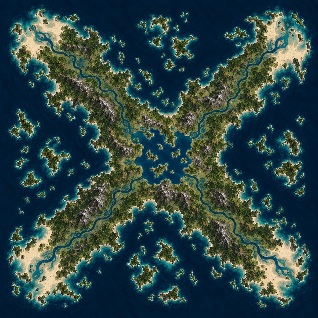 X Marks the Spot map in Marauder's Sea: four peninsulas around a central lagoon with rivers to beach deltas